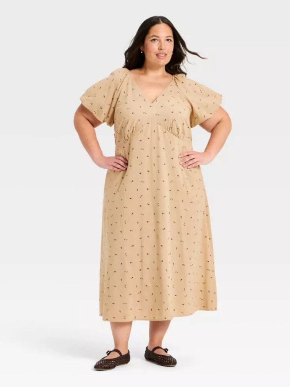 Universal Thread Tan Print Floral Puff Sleeve Midi Dress NWT XXL Cotton Blend - Picture 4 of 4